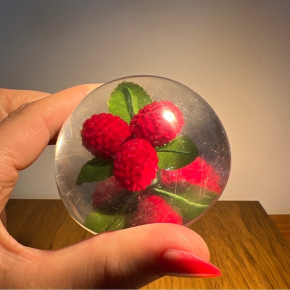VTG Acrylic Resin Lucite Round Paperweight Red Raspberry Leaves - Picture 5 of 9